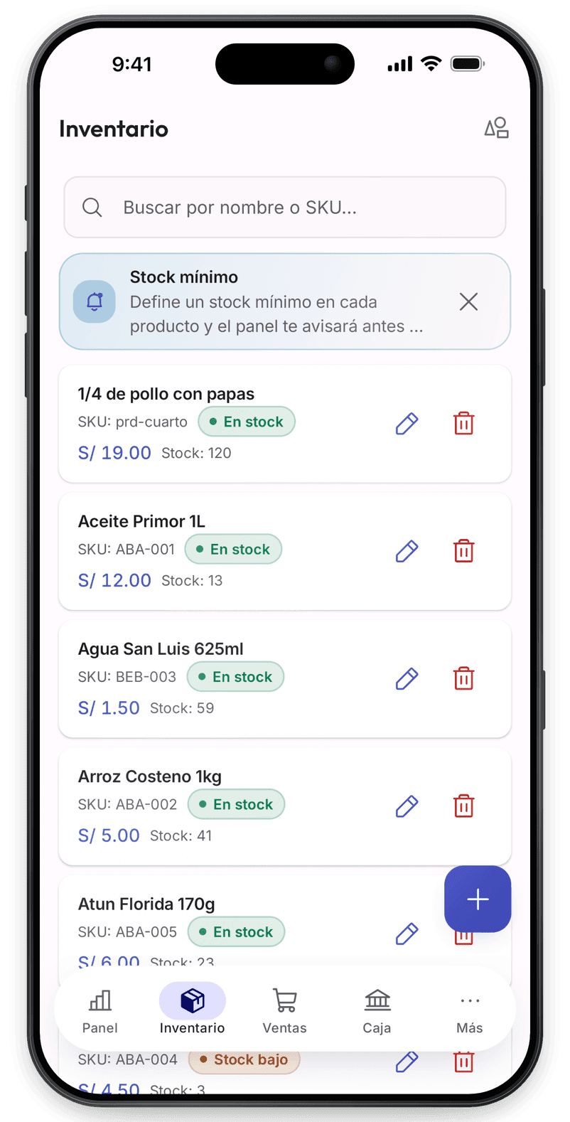 Controla tu inventario: Stock, precios y alertas de faltantes.