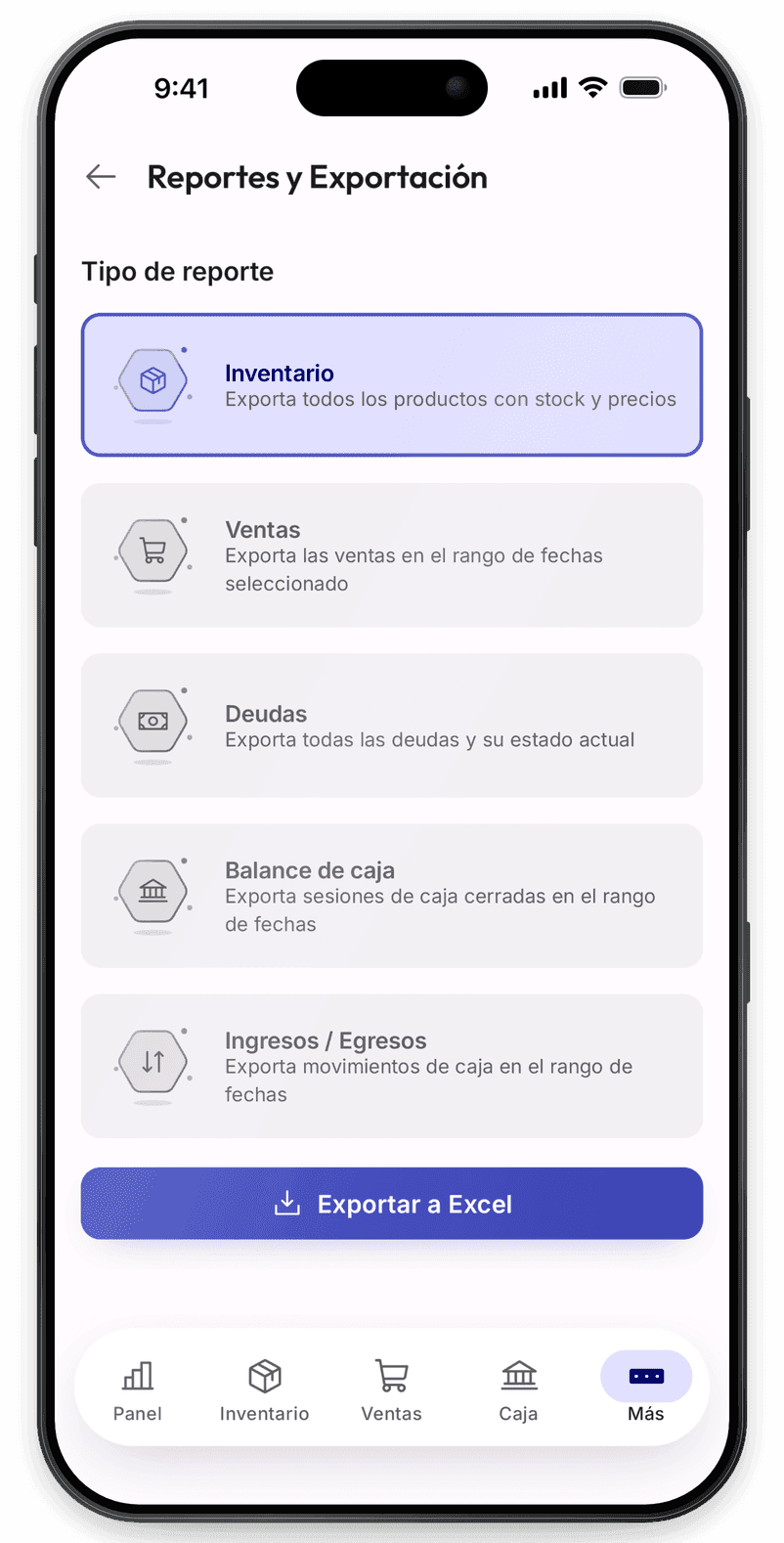 Reportes en Excel: Inventario, ventas, deudas y caja.